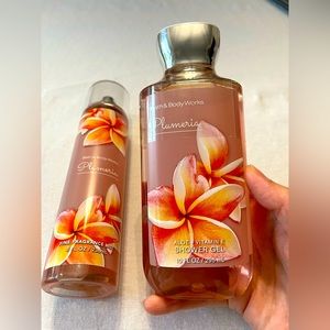 Bath and Body Works Plumeria body wash and spray set.